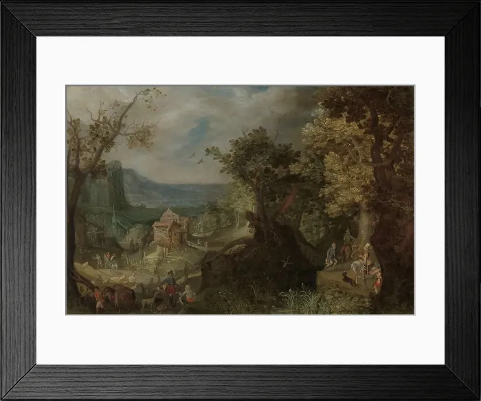 Framed Print : Hunter and Horsemen on a Wooded Road, with a Village in a Valley beyond, 1608. Creator: Anton Mirou Framed Print : Hunter and Horsemen on a Wooded Road, with a Village in a Valley beyond, 1608. Creator: Anton Mirou