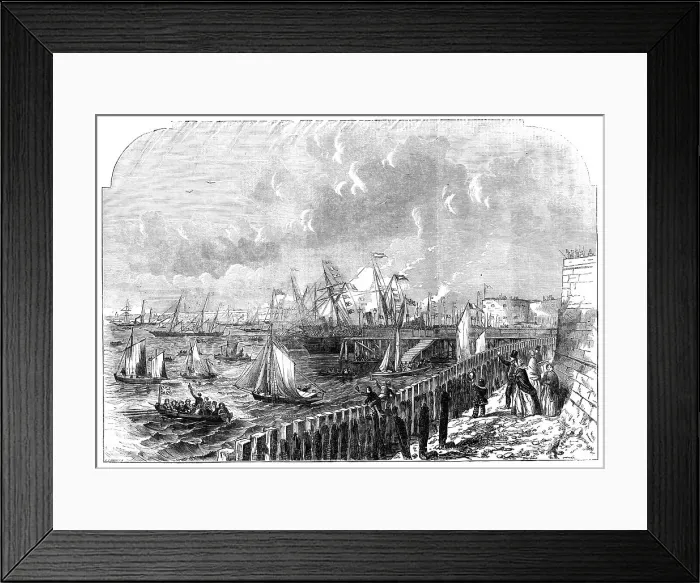 Framed Print : The Naval Review: the Queen's Yacht leaving Portsmouth Harbour, 1856. Creator: Ebenezer Landells Framed Print : The Naval Review: the Queen's Yacht leaving Portsmouth Harbour, 1856. Creator: Ebenezer Landells