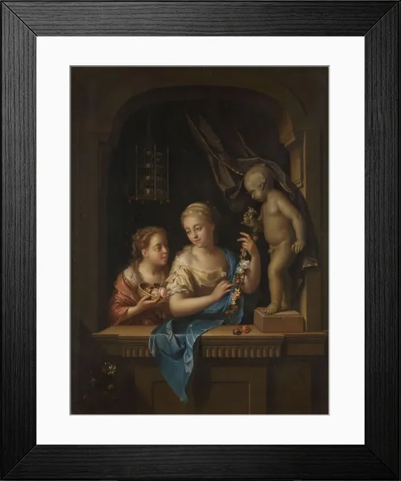 Framed Print : Two Girls with Flowers by a Statue of Cupid, 1713. Creator: Pieter van der Werff Framed Print : Two Girls with Flowers by a Statue of Cupid, 1713. Creator: Pieter van der Werff