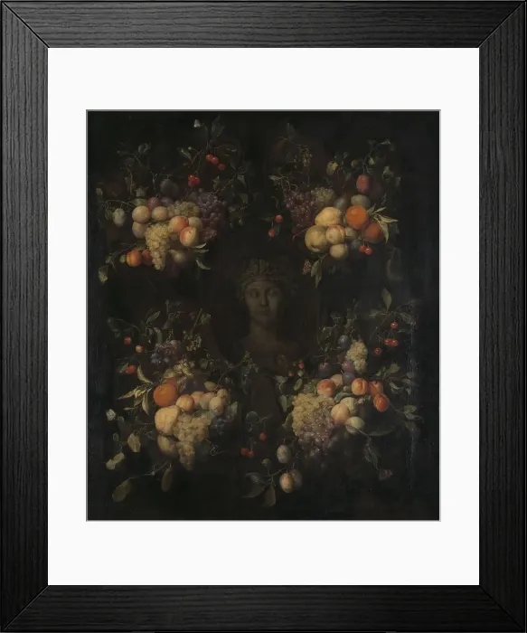 Framed Print : Simulated Sculpted Head of a Woman in a Cartouche Decorated with Swags of Fruit, 1655-1665. Creator: Joris van Son