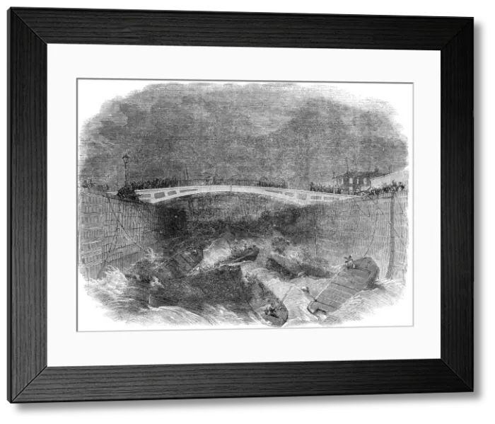 Framed Print : Scene of the Late Accident at the City Canal Dock-Gates, Blackwall Point, 1856. Creator: Unknown Framed Print : Scene of the Late Accident at the City Canal Dock-Gates, Blackwall Point, 1856. Creator: Unknown