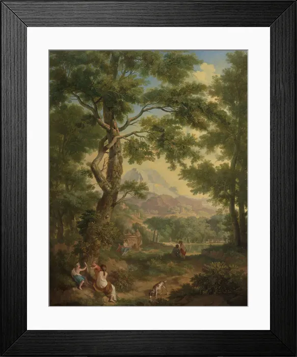 Framed Print : Arcadian landscape, children with a bird and a dog in left foreground, 1771. Creator: Juriaan Andriessen Framed Print : Arcadian landscape, children with a bird and a dog in left foreground, 1771. Creator: Juriaan Andriessen