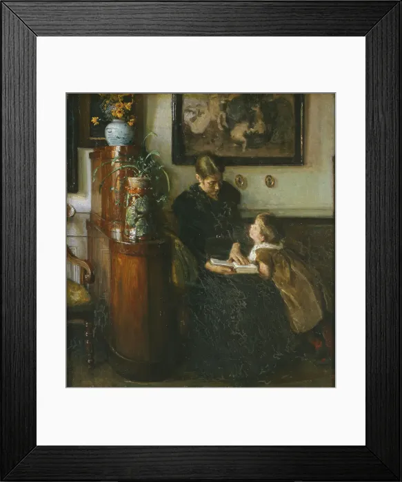 Framed Print : The artist's wife and child reading, 1893. Creator: Viggo Johansen Framed Print : The artist's wife and child reading, 1893. Creator: Viggo Johansen