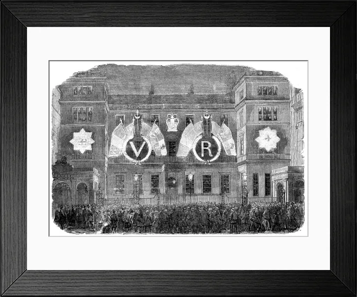 Framed Print : The Peace Illuminations - the Ordnance Office, Pall-Mall, 1856. Creator: Unknown Framed Print : The Peace Illuminations - the Ordnance Office, Pall-Mall, 1856. Creator: Unknown