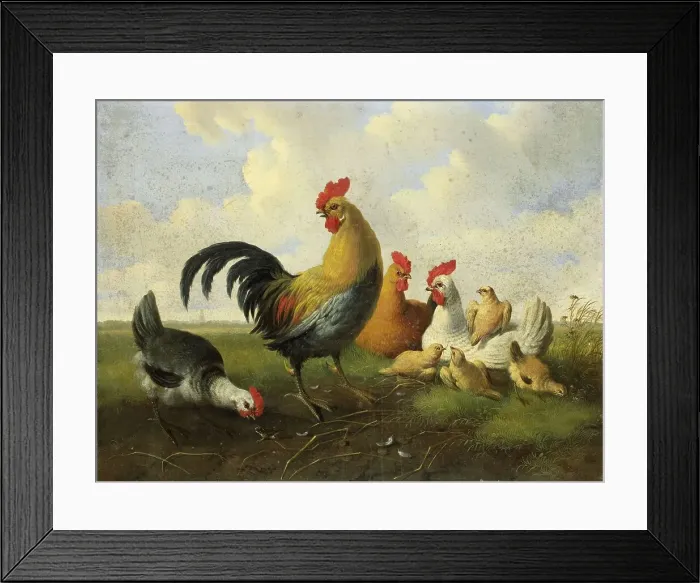 Framed Print : A Rooster with Hens and Chicks, 1855. Creator: Albertus Verhoesen Framed Print : A Rooster with Hens and Chicks, 1855. Creator: Albertus Verhoesen