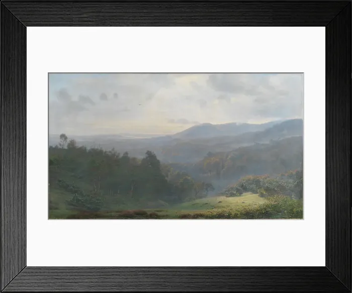 Framed Print : The fog lifts over the forests at Himmelbjerget. Early autumn morning, 1895. Creator: Harald Foss Framed Print : The fog lifts over the forests at Himmelbjerget. Early autumn morning, 1895. Creator: Harald Foss