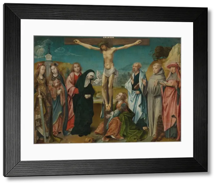 Framed Print : Christ on the Cross, with Mary, John, Mary Magdalene and Sts Cecilia and Barbara... c.1505-c.1510. Creator: Cornelius Engebrechtsz Framed Print : Christ on the Cross, with Mary, John, Mary Magdalene and Sts Cecilia and Barbara... c.1505-c.1510. Creator: Cornelius Engebrechtsz