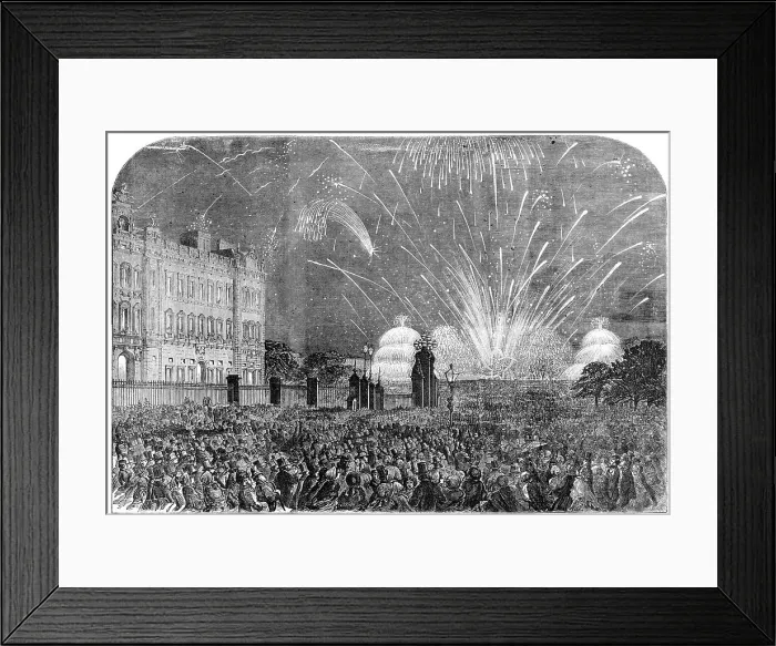 Framed Print : The Peace Commemoration: the Fireworks, sketched from the Mall, in St. James's Park, 1856. Creator: Unknown Framed Print : The Peace Commemoration: the Fireworks, sketched from the Mall, in St. James's Park, 1856. Creator: Unknown
