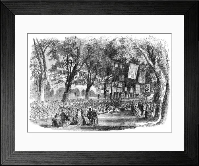 Framed Print : The Peace Commemoration at Lynn - School Children's Festival, in the Public Walks, 1856. Creator: Unknown Framed Print : The Peace Commemoration at Lynn - School Children's Festival, in the Public Walks, 1856. Creator: Unknown