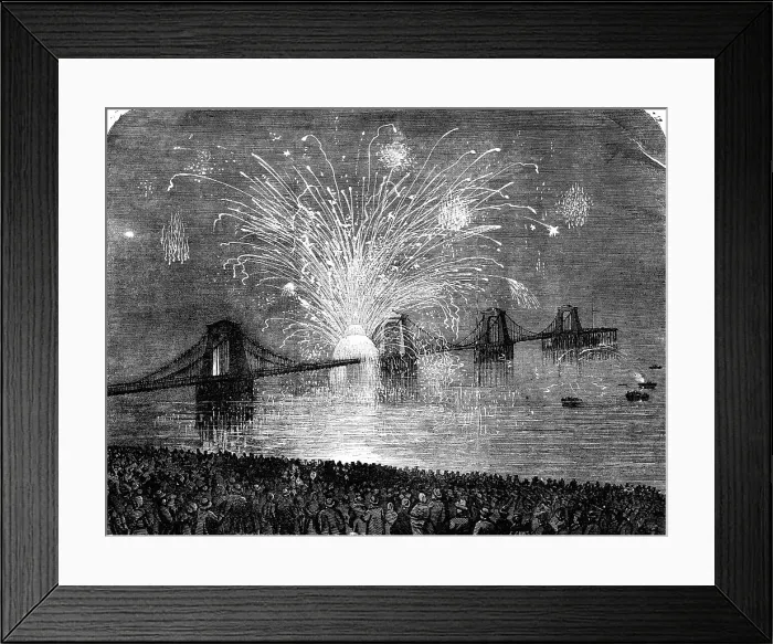 Framed Print : The Peace Commemoration at Brighton - Fireworks on the Chain Pier, 1856. Creator: Edmund Evans Framed Print : The Peace Commemoration at Brighton - Fireworks on the Chain Pier, 1856. Creator: Edmund Evans