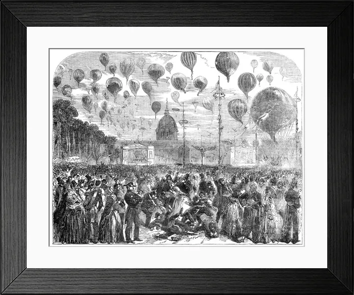 Framed Print : The Ascent of Balloons from the Esplanade of the Invalides, 1856. Creator: Unknown Framed Print : The Ascent of Balloons from the Esplanade of the Invalides, 1856. Creator: Unknown