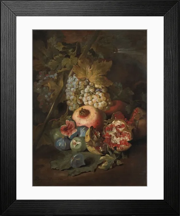 Framed Print : Bunches of Grapes, Pomegranates and Figs in a Landscape, 1670. Creator: Abraham Brueghel Framed Print : Bunches of Grapes, Pomegranates and Figs in a Landscape, 1670. Creator: Abraham Brueghel
