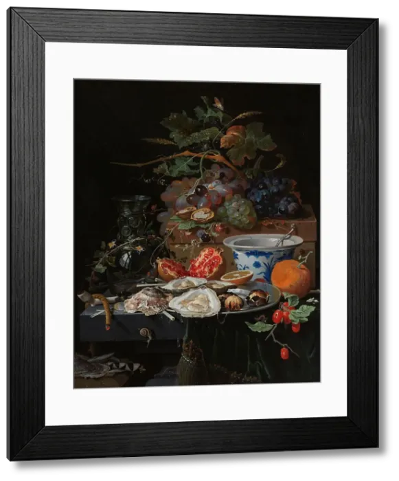 Framed Print : Still Life with Fruit, Oysters, and a Porcelain Bowl, 1660-1679. Creator: Abraham Mignon Framed Print : Still Life with Fruit, Oysters, and a Porcelain Bowl, 1660-1679. Creator: Abraham Mignon