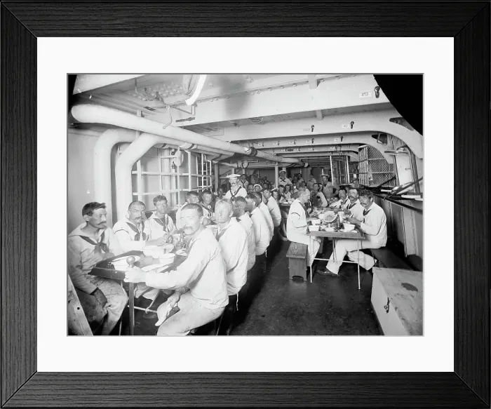 Framed Print : U.S.S. Massachusetts, crew at mess, between 1896 and 1901. Creator: Unknown Framed Print : U.S.S. Massachusetts, crew at mess, between 1896 and 1901. Creator: Unknown