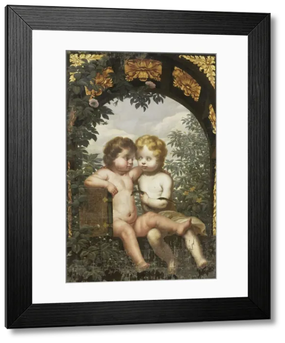 Framed Print : Christian Allegory with two Children with a Bible and Snake, 1650-1699. Creator: Anon Framed Print : Christian Allegory with two Children with a Bible and Snake, 1650-1699. Creator: Anon