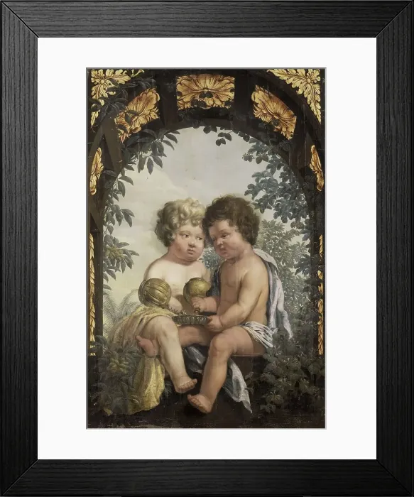 Framed Print : Christian Allegory with two Children both Pouring from a Carafe into a Bowl, 1650-1699. Creator: Anon Framed Print : Christian Allegory with two Children both Pouring from a Carafe into a Bowl, 1650-1699. Creator: Anon