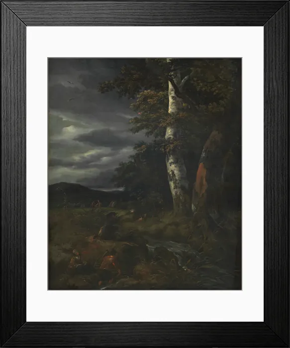 Framed Print : Landscape with a Hunting Scene, 1643-1682. Creators: Jacob van Ruisdael, Johannes Lingelbach