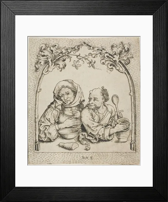 Framed Print : The Old Woman and The Fool in a Window, c. 1480. Creator: Monogrammist b. g Framed Print : The Old Woman and The Fool in a Window, c. 1480. Creator: Monogrammist b. g