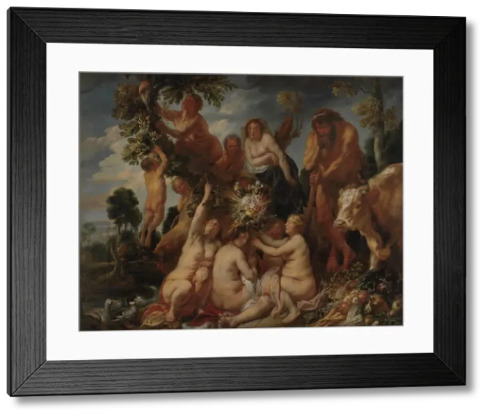 Framed Print : Achelous Defeated by Hercules, The Origin of the Cornucopia. (Allegory of Fruitfulness), 1649. Creator: Jacob Jordaens Framed Print : Achelous Defeated by Hercules, The Origin of the Cornucopia. (Allegory of Fruitfulness), 1649. Creator: Jacob Jordaens
