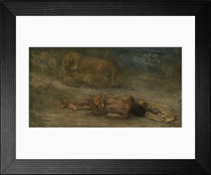 Framed Print : Nemesis - lioness with her cubs near the body of a black man, 1870-1905. Creator: John MacAllan Swan Framed Print : Nemesis - lioness with her cubs near the body of a black man, 1870-1905. Creator: John MacAllan Swan
