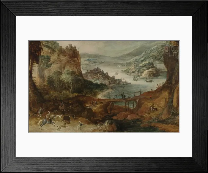 Framed Print : River Landscape with Boar Hunt, c.1590-c.1635. Creator: Joos de Momper, the younger Framed Print : River Landscape with Boar Hunt, c.1590-c.1635. Creator: Joos de Momper, the younger