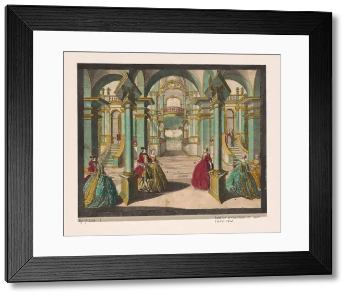 Framed Print : View of the interior of a palace, with several richly dressed ladies and gentlemen, 1684-1756. Creator: Martin Engelbrecht Framed Print : View of the interior of a palace, with several richly dressed ladies and gentlemen, 1684-1756. Creator: Martin Engelbrecht