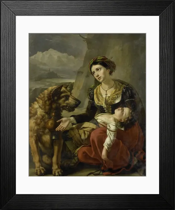 Framed Print : A Saint Bernard Dog Comes to the Aid of a lost Woman with a sick Child, 1827. Creator: Charles Picque Framed Print : A Saint Bernard Dog Comes to the Aid of a lost Woman with a sick Child, 1827. Creator: Charles Picque
