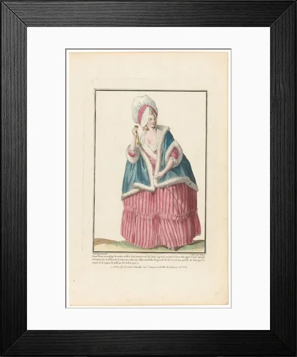 Framed Print : Gallery of French Fashions and Costumes, 1779, R. 98: Young lady in a morning neg (...), 1779. Creator: Nicolas Dupin Framed Print : Gallery of French Fashions and Costumes, 1779, R. 98: Young lady in a morning neg (...), 1779. Creator: Nicolas Dupin