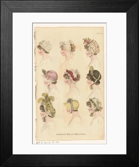 Framed Print : Magazine of Female Fashions of London and Paris, No.31.2, London Head Dresses, 1798-1806. Creator: Unknown Framed Print : Magazine of Female Fashions of London and Paris, No.31.2, London Head Dresses, 1798-1806. Creator: Unknown