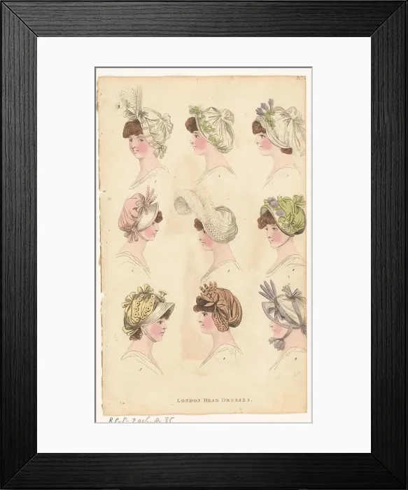 Framed Print : Magazine of Female Fashions of London and Paris, No. ?: London Head Dresses, 1798-1806. Creator: Unknown Framed Print : Magazine of Female Fashions of London and Paris, No. ?: London Head Dresses, 1798-1806. Creator: Unknown