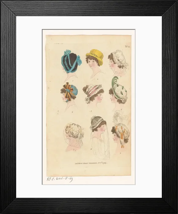 Framed Print : Magazine of Female Fashions of London and Paris, No. 21: London Head Dresses, Nov. 1799, 1799. Creator: Unknown Framed Print : Magazine of Female Fashions of London and Paris, No. 21: London Head Dresses, Nov. 1799, 1799. Creator: Unknown