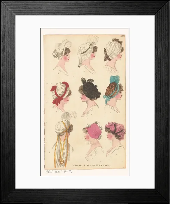 Framed Print : Magazine of Female Fashions of London and Paris, No. 33: London Head Dresses. 1798-1806. Creator: Unknown Framed Print : Magazine of Female Fashions of London and Paris, No. 33: London Head Dresses. 1798-1806. Creator: Unknown