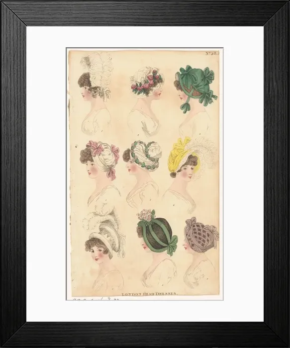 Framed Print : Magazine of Female Fashions of London and Paris, No.28: London Head Dresses, 1798-1806. Creator: Unknown Framed Print : Magazine of Female Fashions of London and Paris, No.28: London Head Dresses, 1798-1806. Creator: Unknown