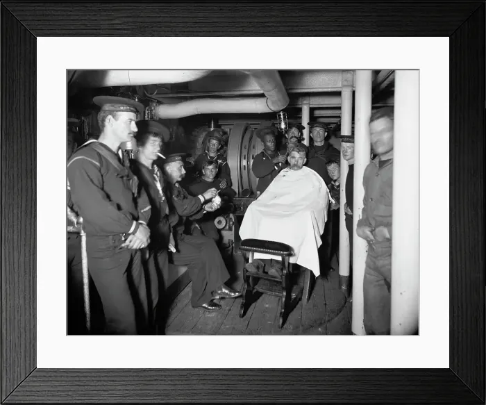 Framed Print : U.S.S. Brooklyn, barber shop, between 1896 and 1901. Creator: Unknown Framed Print : U.S.S. Brooklyn, barber shop, between 1896 and 1901. Creator: Unknown