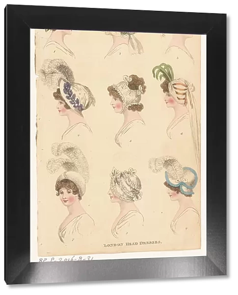 Magazine of Female Fashions of London and Paris, April 1800, London Head Dresses, 1800. Creator: Unknown