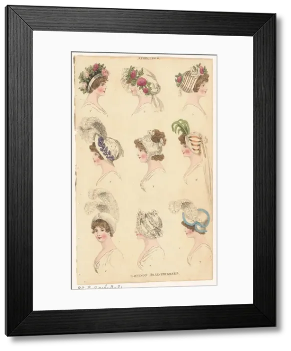 Framed Print : Magazine of Female Fashions of London and Paris, April 1800, London Head Dresses, 1800. Creator: Unknown Framed Print : Magazine of Female Fashions of London and Paris, April 1800, London Head Dresses, 1800. Creator: Unknown