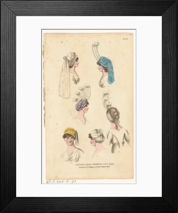 Framed Print : Magazine of Female Fashions of London and Paris, No. 15: London Head Dresses, May, 1799, 1799. Creator: Unknown Framed Print : Magazine of Female Fashions of London and Paris, No. 15: London Head Dresses, May, 1799, 1799. Creator: Unknown