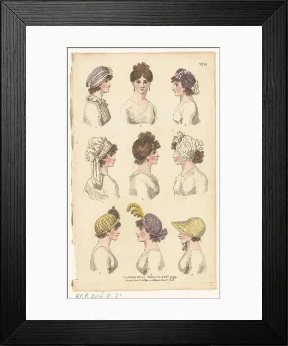 Framed Print : Magazine of Female Fashions of London and Paris. No. 19: London head dresses, Sept. 1799, 1799. Creator: Unknown Framed Print : Magazine of Female Fashions of London and Paris. No. 19: London head dresses, Sept. 1799, 1799. Creator: Unknown