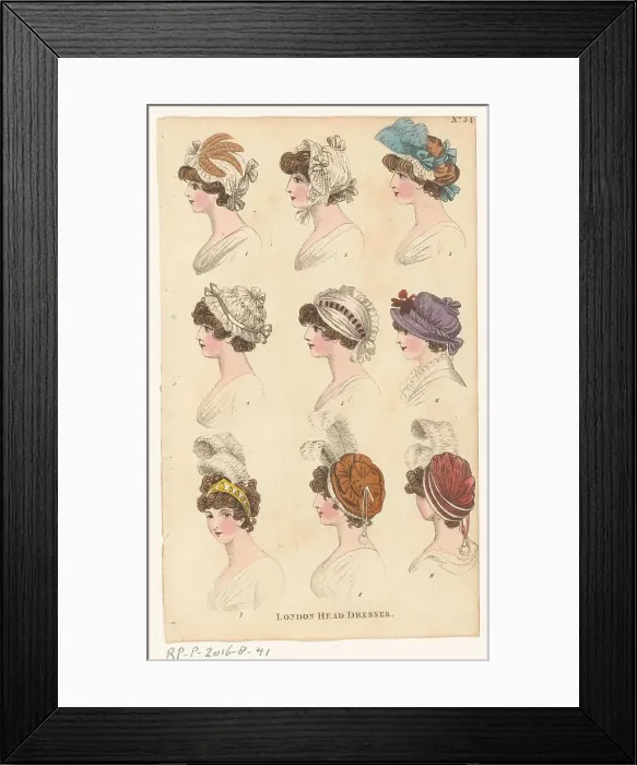 Framed Print : Magazine of Female Fashions of London and Paris, No.34. (?). London Head Dresses, 1798-1806. Creator: Unknown Framed Print : Magazine of Female Fashions of London and Paris, No.34. (?). London Head Dresses, 1798-1806. Creator: Unknown