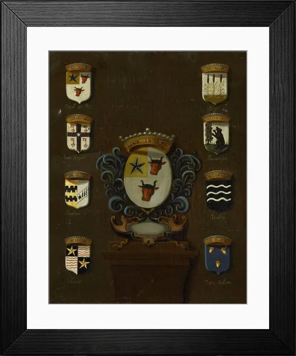 Framed Print : Coat of Arms of Sara van Os, Wife of Jan van Reyersbergh with its eight quarterings, 1650-1699. Creator: Anon Framed Print : Coat of Arms of Sara van Os, Wife of Jan van Reyersbergh with its eight quarterings, 1650-1699. Creator: Anon