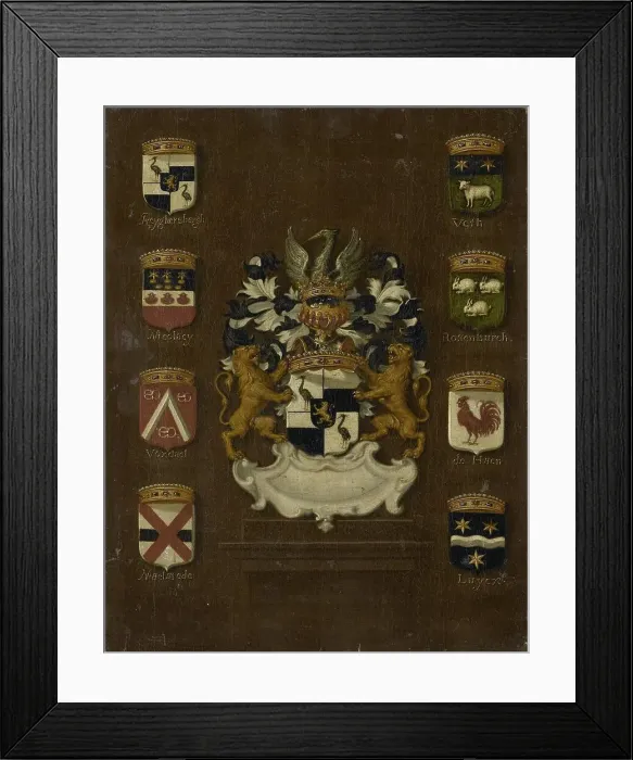 Framed Print : Coat of Arms of Jan van Reyersbergh with its eight quarterings, 1650-1699. Creator: Anon Framed Print : Coat of Arms of Jan van Reyersbergh with its eight quarterings, 1650-1699. Creator: Anon