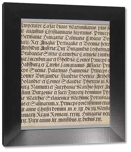 Titles of Emperor Maximilian, from Historical Scenes from the Life of Emperor... printed c. 1520. Creator: Benedictus Chelidonius