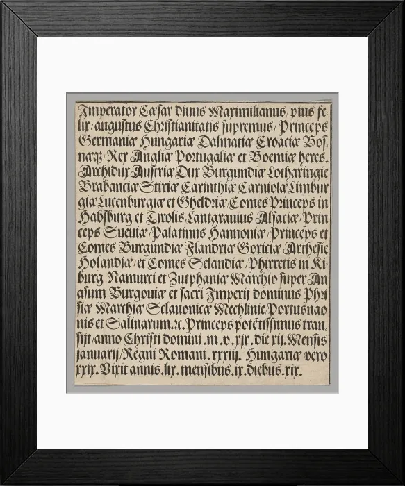 Framed Print : Titles of Emperor Maximilian, from Historical Scenes from the Life of Emperor... printed c. 1520. Creator: Benedictus Chelidonius Framed Print : Titles of Emperor Maximilian, from Historical Scenes from the Life of Emperor... printed c. 1520. Creator: Benedictus Chelidonius