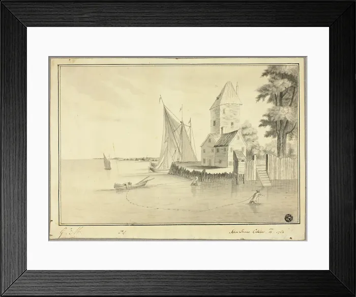 Framed Print : Fishermen Mooring Boat at Landing, 1768. Creator: John Innes Framed Print : Fishermen Mooring Boat at Landing, 1768. Creator: John Innes
