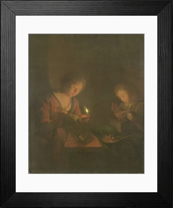 Framed Print : Fire and Light (A Girl Places a Candle in a Lantern and a Boy Blows on the Coals... 1690-1706. Creator: Godfried Schalcken) Framed Print : Fire and Light (A Girl Places a Candle in a Lantern and a Boy Blows on the Coals... 1690-1706. Creator: Godfried Schalcken)