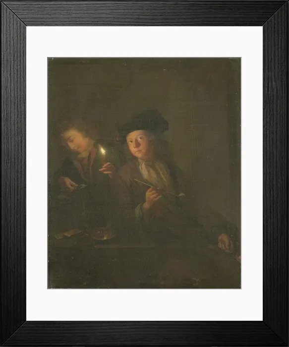 Framed Print : The Smoker (A Man with a Pipe and a Man Pouring a Beverage into a Glass), 1690-1706. Creator: Godfried Schalcken Framed Print : The Smoker (A Man with a Pipe and a Man Pouring a Beverage into a Glass), 1690-1706. Creator: Godfried Schalcken