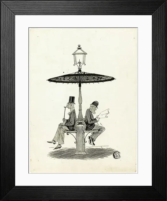 Framed Print : Two Gentlemen Seated Under Lamp Post with Japanese Umbrella, 1850 / 1911. Creator: S.F. Paynter Framed Print : Two Gentlemen Seated Under Lamp Post with Japanese Umbrella, 1850 / 1911. Creator: S.F. Paynter