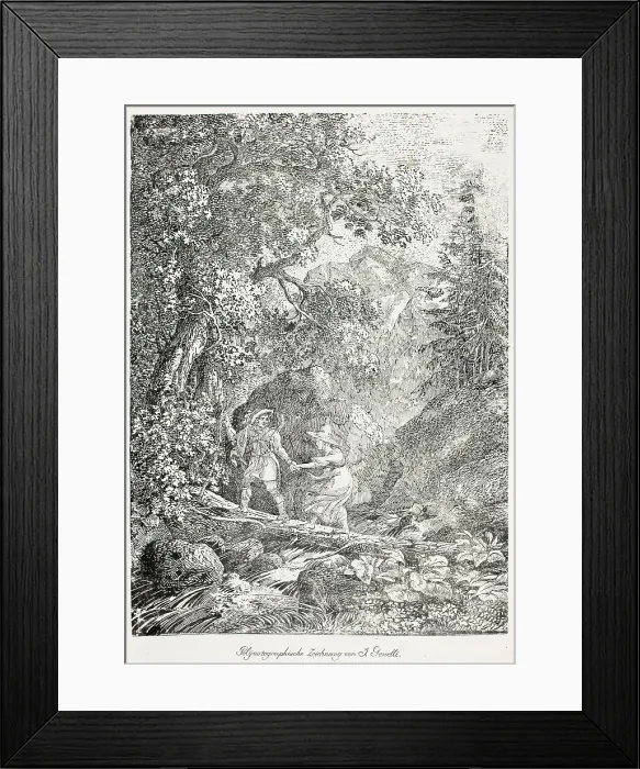 Framed Print : Hiker Crossing Over a Mountain Stream on a Tree Trunk with a Woman, 1804. Creator: Janus Genelli Framed Print : Hiker Crossing Over a Mountain Stream on a Tree Trunk with a Woman, 1804. Creator: Janus Genelli