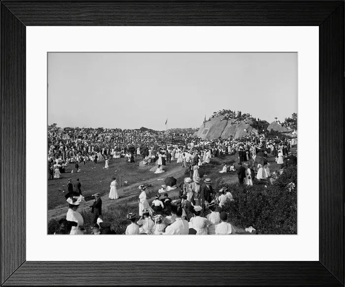 Framed Print : Unveiling tablet commemorating first settelment [sic] of Mass. Bay Colony, Stage Fort... c1907. Creator: Unknown