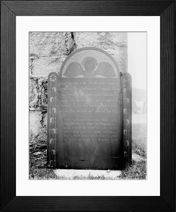 Framed Print : Gravestone of first man killed in Revolutionary War, Westminster, Vt. c.between 1900 and 1910. Creator: Unknown Framed Print : Gravestone of first man killed in Revolutionary War, Westminster, Vt. c.between 1900 and 1910. Creator: Unknown
